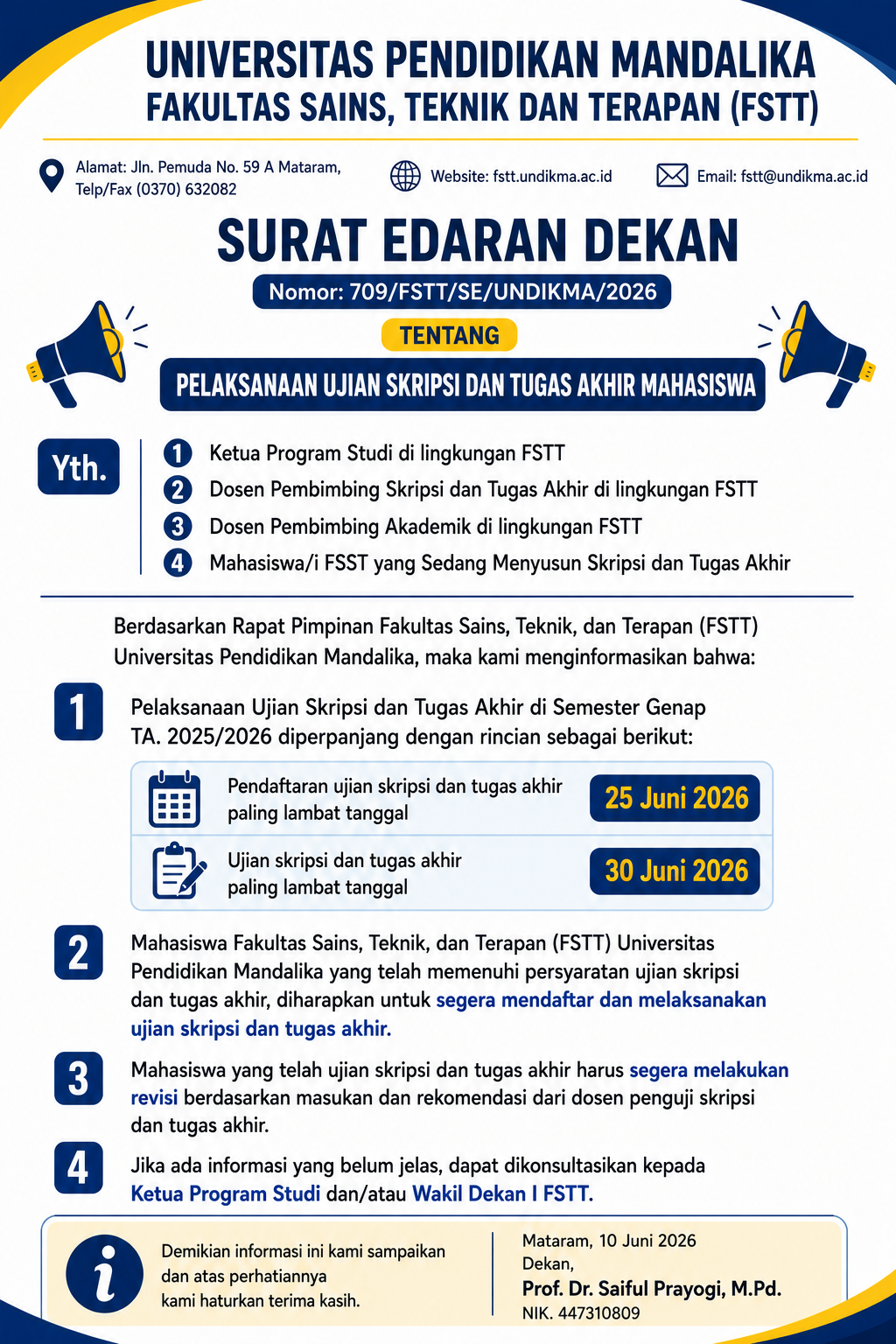 SURAT EDARAN DEKAN TENTANG PELAKSANAAN UJIAN SKRIPSI DAN TUGAS AKHIR MAHASISWA