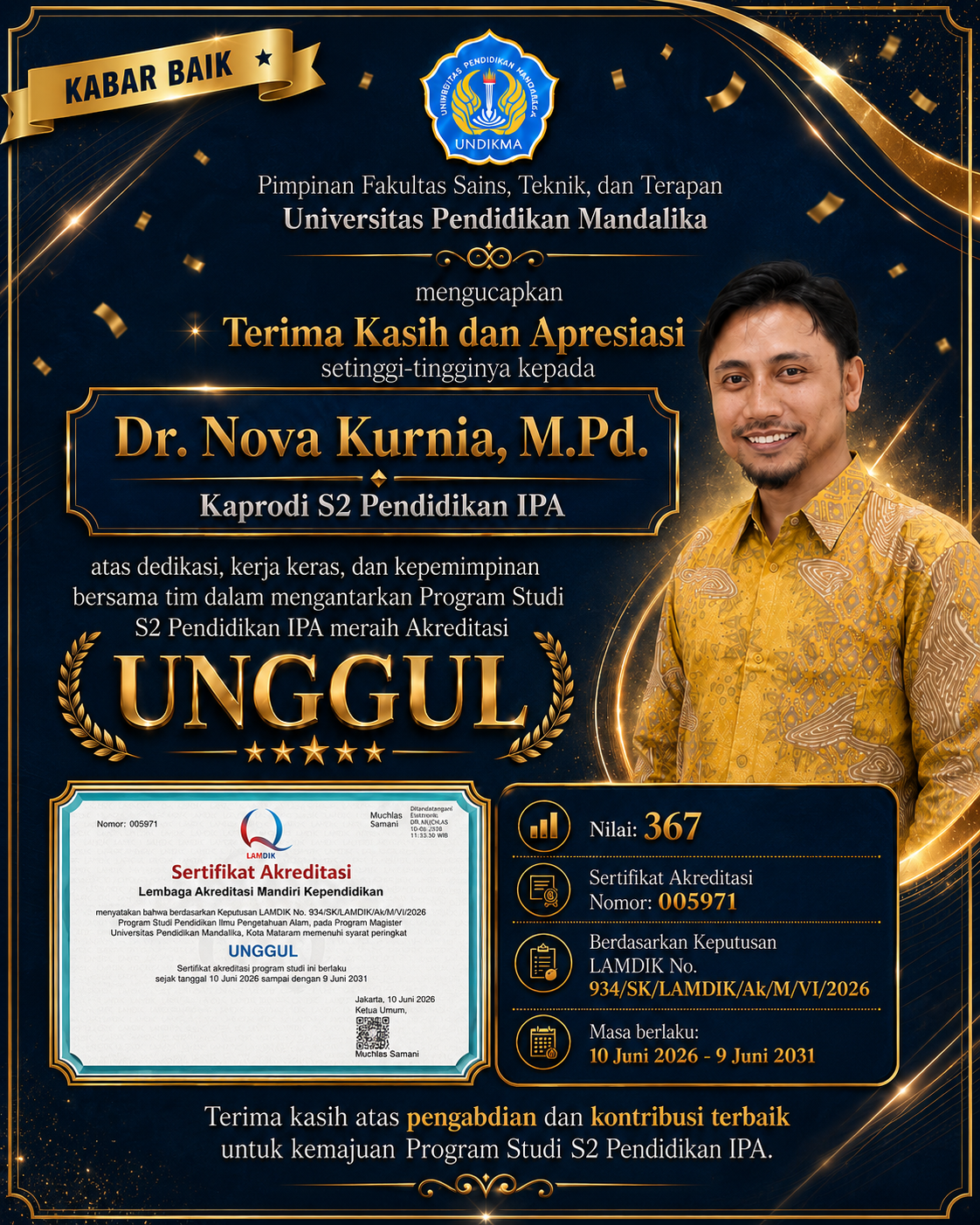 Program Studi S2 Pendidikan IPA UNDIKMA Raih Akreditasi Unggul